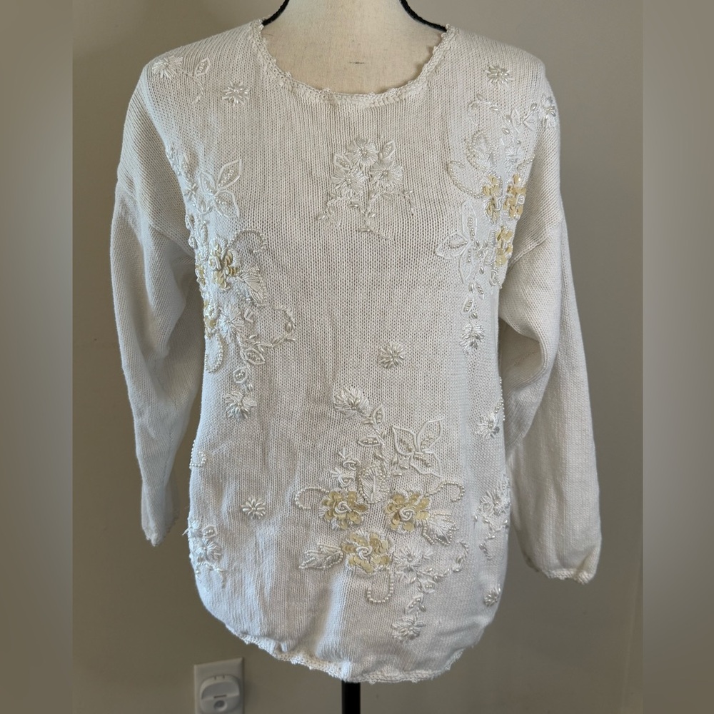 White Embroidered Floral Crewneck Sweater